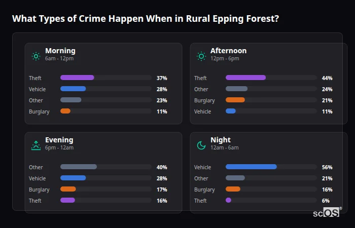 Crime types by time period for Rural Epping Forest - showing breakdown of burglary, violence, theft, and vehicle crime by morning, afternoon, evening, and night
