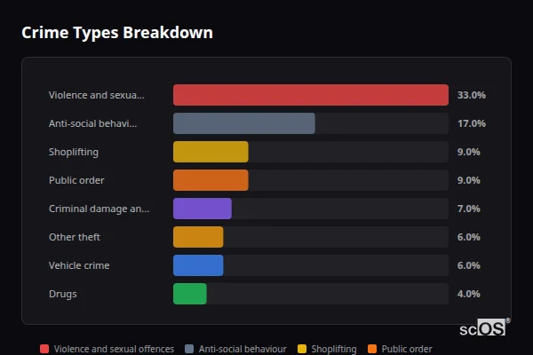 Crime Types Breakdown - Epsom Crime Types Breakdown for Epsom - showing Violence and sexual offences (33%), Anti-social behaviour (17%), Shoplifting (9%)