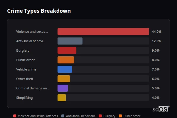 Crime Types Breakdown for Borrowash - showing Violence and sexual offences (44%), Anti-social behaviour (12%), Burglary (9%)