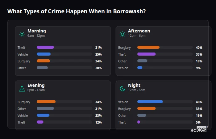 Crime types by time period for Borrowash - showing breakdown of burglary, violence, theft, and vehicle crime by morning, afternoon, evening, and night