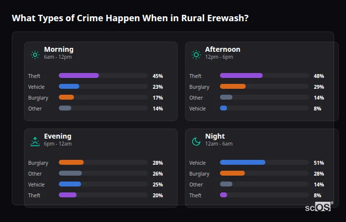Crime types by time period for Rural Erewash - showing breakdown of burglary, violence, theft, and vehicle crime by morning, afternoon, evening, and night