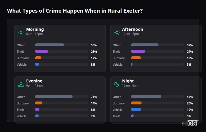 Crime types by time period for Rural Exeter - showing breakdown of burglary, violence, theft, and vehicle crime by morning, afternoon, evening, and night
