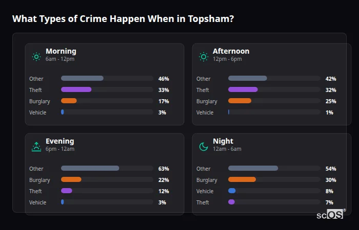 What Types of Crime Happen When in Topsham? Crime types by time period for Topsham - showing breakdown of burglary, violence, theft, and vehicle crime by morning, afternoon, evening, and night