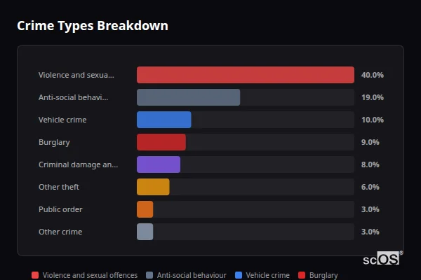 Crime Types Breakdown for Benwick - showing Violence and sexual offences (40%), Anti-social behaviour (19%), Vehicle crime (10%)