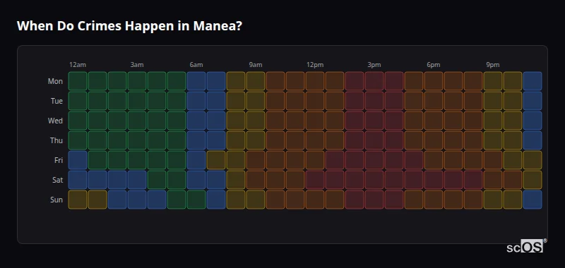 Crime time heatmap for Manea - showing when crimes are most likely to occur by day and hour