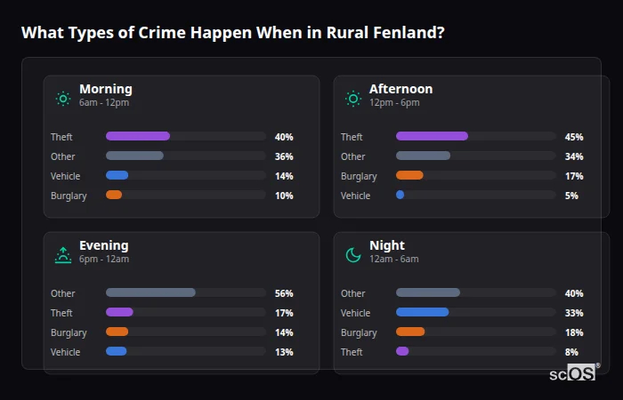 Crime types by time period for Rural Fenland - showing breakdown of burglary, violence, theft, and vehicle crime by morning, afternoon, evening, and night