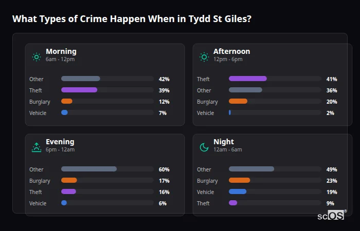 Crime types by time period for Tydd St Giles - showing breakdown of burglary, violence, theft, and vehicle crime by morning, afternoon, evening, and night