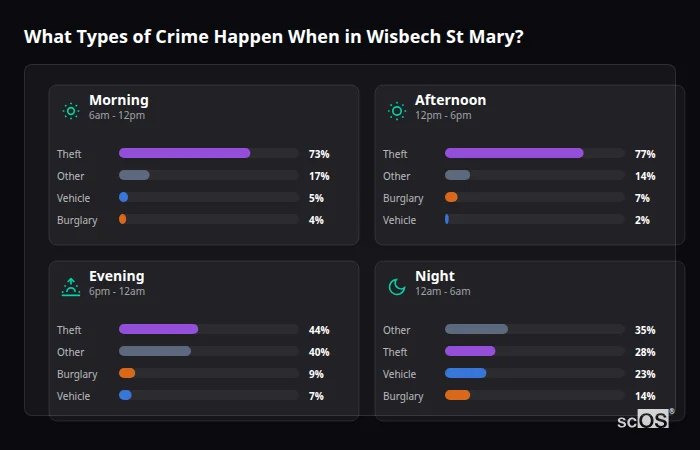 Crime types by time period for Wisbech St Mary - showing breakdown of burglary, violence, theft, and vehicle crime by morning, afternoon, evening, and night