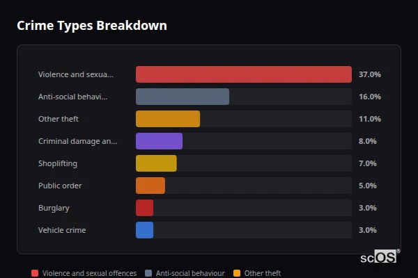 Crime Types Breakdown for Wisbech - showing Violence and sexual offences (37%), Anti-social behaviour (16%), Other theft (11%)