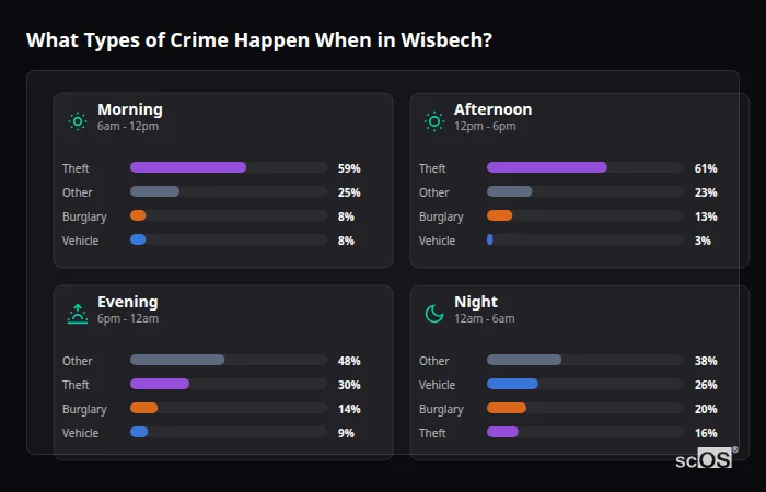 Crime types by time period for Wisbech - showing breakdown of burglary, violence, theft, and vehicle crime by morning, afternoon, evening, and night