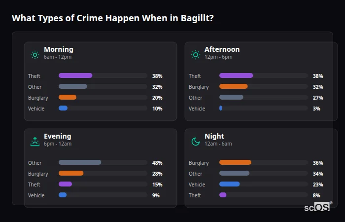 Crime types by time period for Bagillt - showing breakdown of burglary, violence, theft, and vehicle crime by morning, afternoon, evening, and night