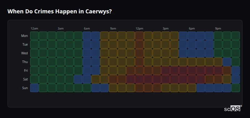Crime time heatmap for Caerwys - showing when crimes are most likely to occur by day and hour