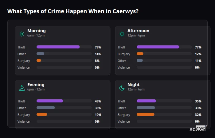 Crime types by time period for Caerwys - showing breakdown of burglary, violence, theft, and vehicle crime by morning, afternoon, evening, and night