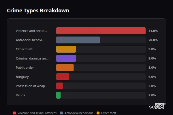 Crime Types Breakdown for Leeswood - showing Violence and sexual offences (41%), Anti-social behaviour (20%), Other theft (9%)