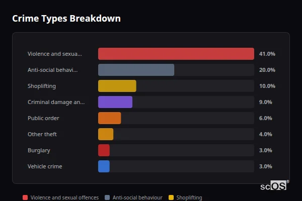 Crime Types Breakdown - Mold Crime Types Breakdown for Mold - showing Violence and sexual offences (41%), Anti-social behaviour (20%), Shoplifting (10%)