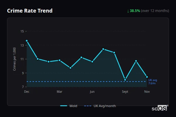 Crime Rate Trend - Mold Crime Rate Trend for Mold - showing 38.5% decrease over 12 months