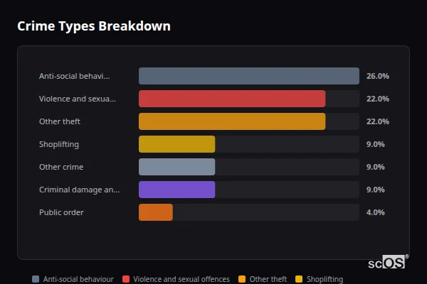 Crime Types Breakdown for Soughton - showing Anti-social behaviour (26%), Violence and sexual offences (22%), Other theft (22%)