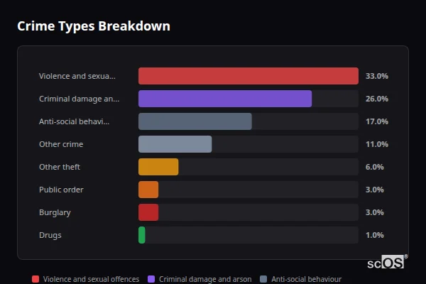Crime Types Breakdown for Treuddyn - showing Violence and sexual offences (33%), Criminal damage and arson (26%), Anti-social behaviour (17%)