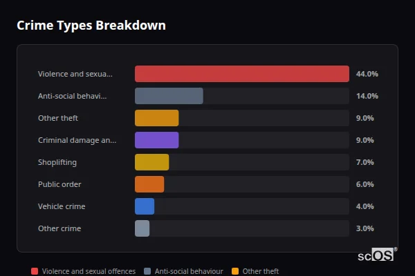 Crime Types Breakdown for New Romney - showing Violence and sexual offences (44%), Anti-social behaviour (14%), Other theft (9%)