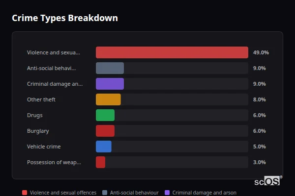 Crime Types Breakdown for Sellindge - showing Violence and sexual offences (49%), Anti-social behaviour (9%), Criminal damage and arson (9%)