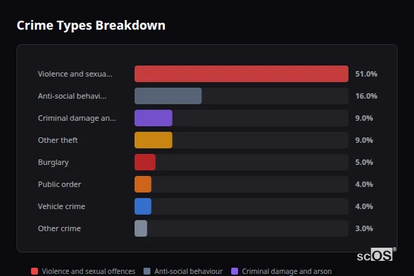 Crime Types Breakdown for Berry Hill - showing Violence and sexual offences (51%), Anti-social behaviour (16%), Criminal damage and arson (9%)