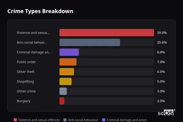 Crime Types Breakdown for Cinderford - showing Violence and sexual offences (39%), Anti-social behaviour (25%), Criminal damage and arson (8%)