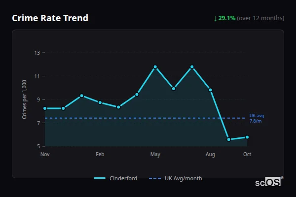 Crime Rate Trend for Cinderford - showing 29.1% decrease over 12 months