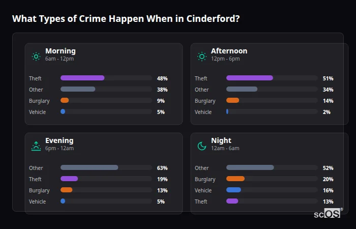 Crime types by time period for Cinderford - showing breakdown of burglary, violence, theft, and vehicle crime by morning, afternoon, evening, and night