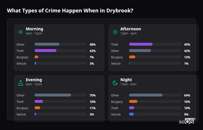 What Types of Crime Happen When in Drybrook? Crime types by time period for Drybrook - showing breakdown of burglary, violence, theft, and vehicle crime by morning, afternoon, evening, and night
