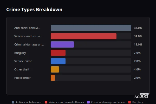 Crime Types Breakdown for Ruardean Woodside - showing Anti-social behaviour (38%), Violence and sexual offences (31%), Criminal damage and arson (11%)