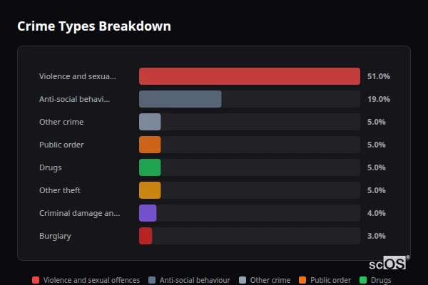 Crime Types Breakdown for Ruardean - showing Violence and sexual offences (51%), Anti-social behaviour (19%), Other crime (5%)
