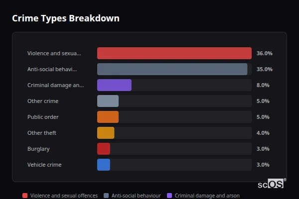 Crime Types Breakdown - Ruspidge Crime Types Breakdown for Ruspidge - showing Violence and sexual offences (36%), Anti-social behaviour (35%), Criminal damage and arson (8%)