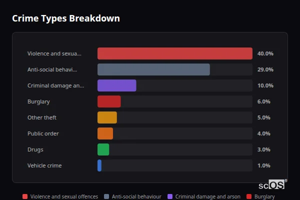 Crime Types Breakdown for Sling - showing Violence and sexual offences (40%), Anti-social behaviour (29%), Criminal damage and arson (10%)