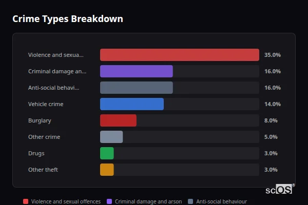 Crime Types Breakdown - St Briavels Crime Types Breakdown for St Briavels - showing Violence and sexual offences (35%), Criminal damage and arson (16%), Anti-social behaviour (16%)