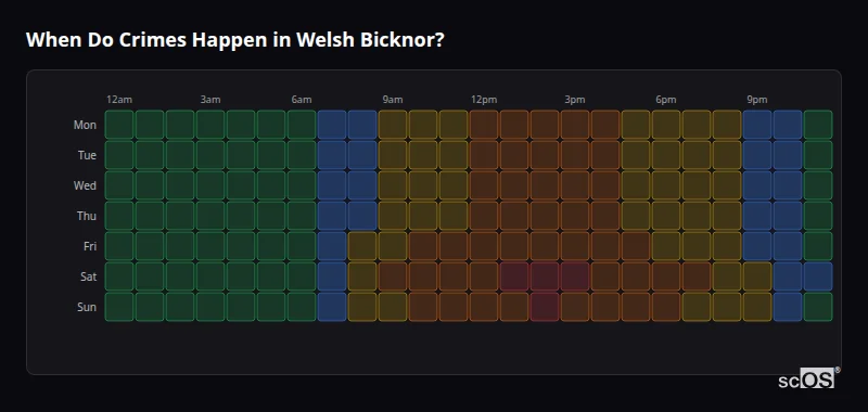 When Do Crimes Happen in Welsh Bicknor? Crime time heatmap for Welsh Bicknor - showing when crimes are most likely to occur by day and hour