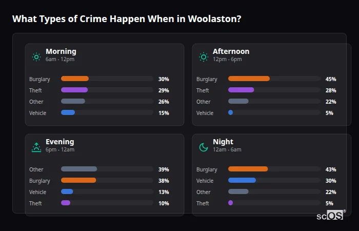 Crime types by time period for Woolaston - showing breakdown of burglary, violence, theft, and vehicle crime by morning, afternoon, evening, and night