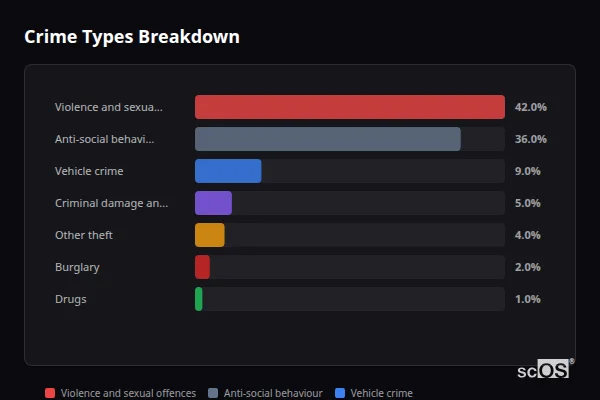Crime Types Breakdown for Newton-with-Scales - showing Violence and sexual offences (42%), Anti-social behaviour (36%), Vehicle crime (9%)