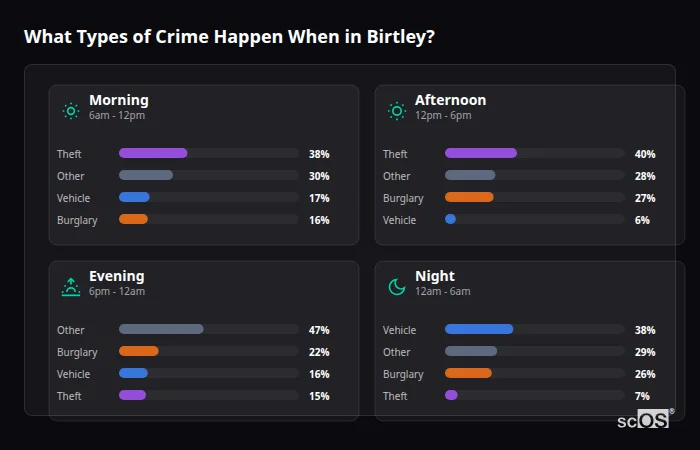 What Types of Crime Happen When in Birtley? Crime types by time period for Birtley - showing breakdown of burglary, violence, theft, and vehicle crime by morning, afternoon, evening, and night