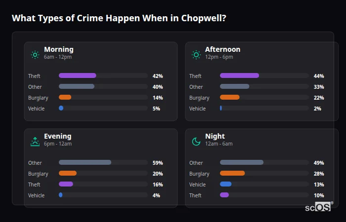 Crime types by time period for Chopwell - showing breakdown of burglary, violence, theft, and vehicle crime by morning, afternoon, evening, and night