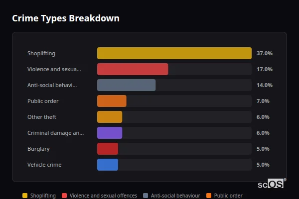 Crime Types Breakdown for Kibblesworth - showing Shoplifting (37%), Violence and sexual offences (17%), Anti-social behaviour (14%)