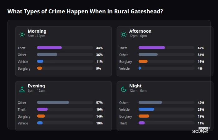 Crime types by time period for Rural Gateshead - showing breakdown of burglary, violence, theft, and vehicle crime by morning, afternoon, evening, and night