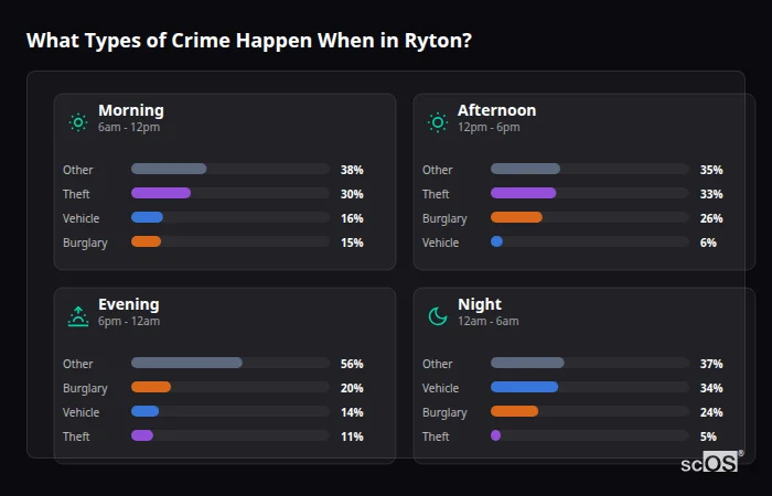 What Types of Crime Happen When in Ryton? Crime types by time period for Ryton - showing breakdown of burglary, violence, theft, and vehicle crime by morning, afternoon, evening, and night
