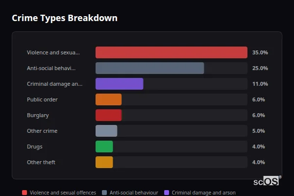 Crime Types Breakdown - Sunniside Crime Types Breakdown for Sunniside - showing Violence and sexual offences (35%), Anti-social behaviour (25%), Criminal damage and arson (11%)