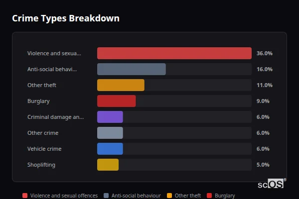 Crime Types Breakdown - Ravenshead Crime Types Breakdown for Ravenshead - showing Violence and sexual offences (36%), Anti-social behaviour (16%), Other theft (11%)