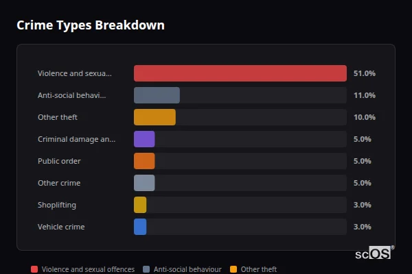 Crime Types Breakdown for Rural Gedling - showing Violence and sexual offences (51%), Anti-social behaviour (11%), Other theft (10%)