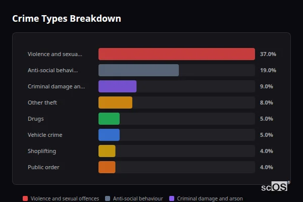 Crime Types Breakdown for Gravesend - showing Violence and sexual offences (37%), Anti-social behaviour (19%), Criminal damage and arson (9%)