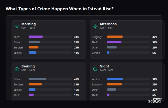 Crime types by time period for Istead Rise - showing breakdown of burglary, violence, theft, and vehicle crime by morning, afternoon, evening, and night