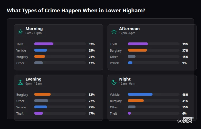 What Types of Crime Happen When in Lower Higham? Crime types by time period for Lower Higham - showing breakdown of burglary, violence, theft, and vehicle crime by morning, afternoon, evening, and night