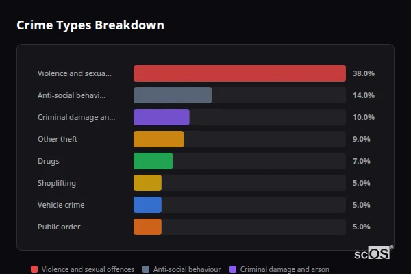 Crime Types Breakdown for Northfleet - showing Violence and sexual offences (38%), Anti-social behaviour (14%), Criminal damage and arson (10%)