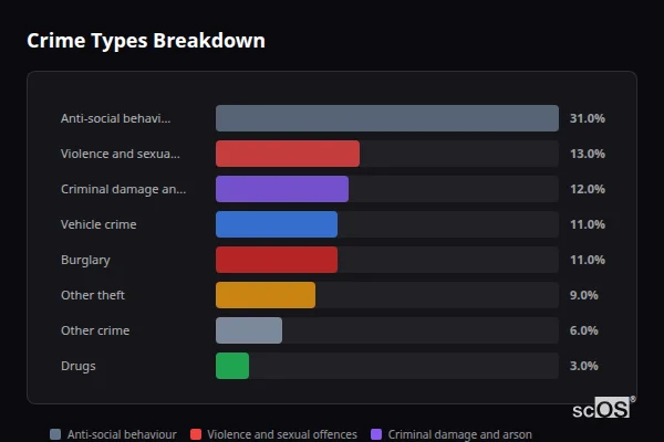 Crime Types Breakdown for Rural Gravesham - showing Anti-social behaviour (31%), Violence and sexual offences (13%), Criminal damage and arson (12%)